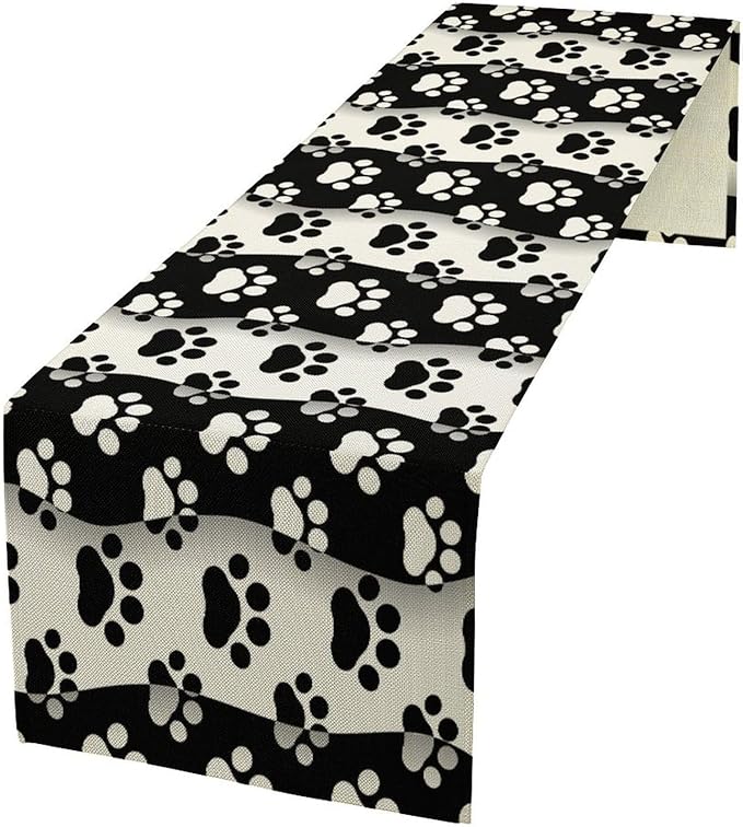 Dog Paw Table Runner,Kid Cute Animal Footprint Black White Theme Design Print Tablecloth Burlap for Hotel Indoors Outdoor Dining Room Kitchen Home Decor,W13X L80 in
