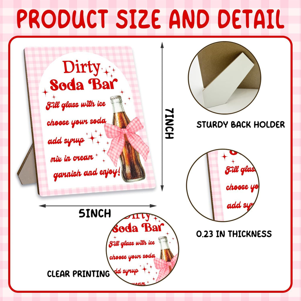 Dirty Soda Bar Sign for Baby Shower or Wedding Party- She's Ready to Pop Soda Bar Instructions and Menu, Pink Bow Wooden Party Sign for Gender Reveal, Bridal Shower Tabletop Decor, 8x10 Inch