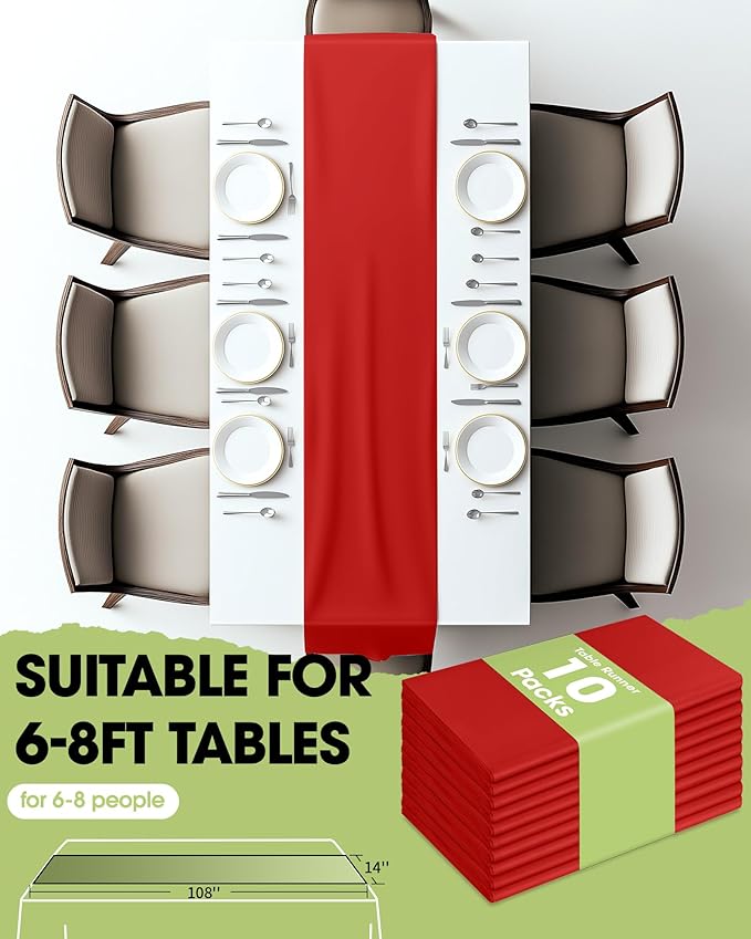 Pureegg Red Plastic Table Runners - 10 Pack, 14'' x 108'', Water Resistant & Disposable Centerpiece Decorations for Table Cloth, Wedding, Birthday, Holiday, Baby Shower, Party, Home Decor