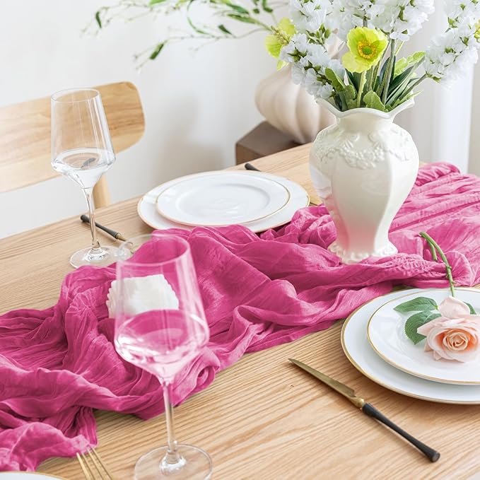 Asee'm 6pcs Cheesecloth Table Runner 120 Inches Long Deep Pink Boho Gauze Cheese Cloth Runner 10FT Rustic Sheer Table Runners for Christmas Wedding Party Baby Shower Spring Easter Decoration
