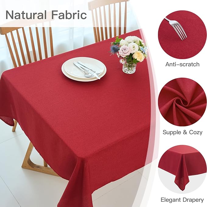 maxmill Linen Textured Rectangular Tablecloth Water Resistant Wrinkle Free Spill-Proof, Soft Table Cloth for Dining Room Christmas Decoration, Banquet Party Holiday Webbing Dinner, 60 x 84 Inch Red