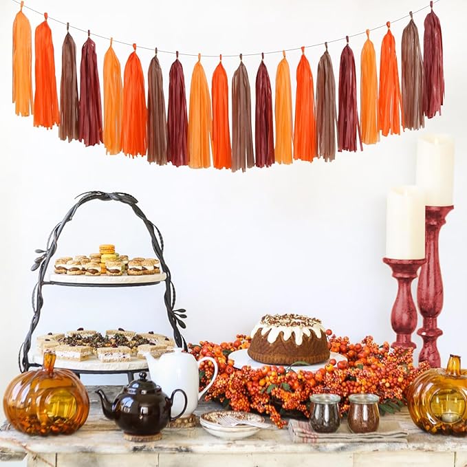 Brown Burgundy Orange Party-Decorations Tassel-Garland - 20pcs Fall Autumn Thanksgiving Harvest Tassels, Rustic Boho Wedding Birthday Baby Shower Decor Panduola