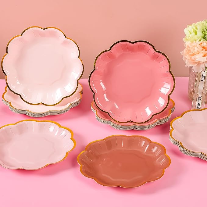 Dusty Pink Gradient Color Dessert Paper Plates 7 inch Gold Foil Scalloped Edge Disposable Cake Plates for Tea Party Birthday Bridal Baby Shower Wedding Party Supplies (24, Dusty Pink)