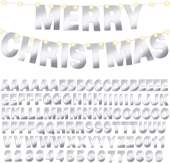 TaoBary 112 Pcs DIY Letter Kit Glitter Customizable Banner Letters Include 107 Letters and Numbers 3 Rope and 2 Needles for Birthday Halloween Christmas Wedding Valentine Party Decor(Glossy Silver)