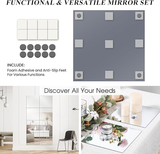 VASUHOME 12" Square Mirrors Candle Plate for Table Centerpieces, Set of 12, 2 mm Thick, Mirror Tiles for Wall, Table Wedding Centerpieces, Party Decor and Crafts