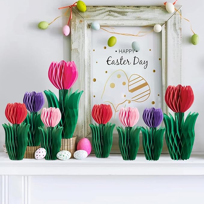 SUNBEAUTY 8 PCS Flower Honeycomb Decoration - Red Tulip Decor for Mother's Day and Spring - Table Centerpieces