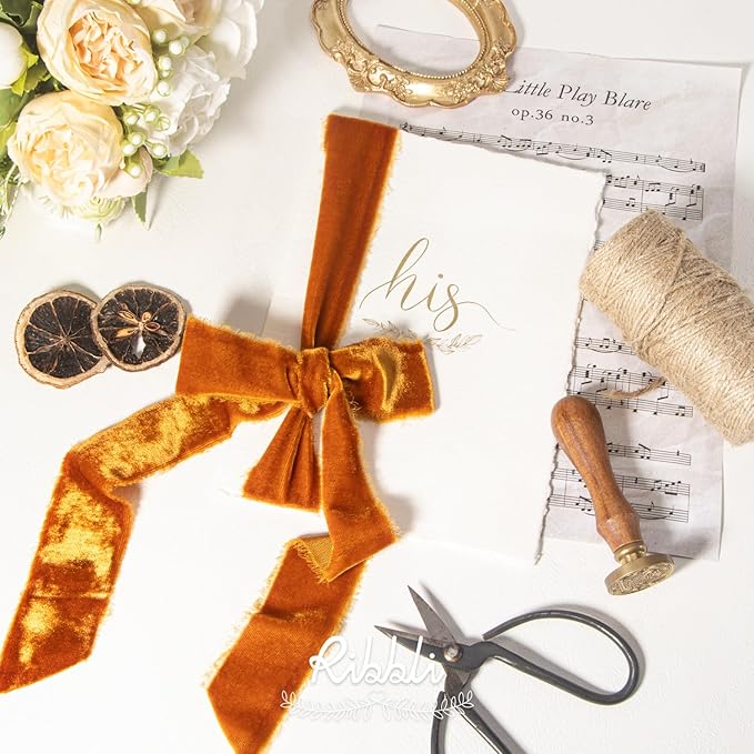 Ribbli Terracotta Velvet Ribbon 1.5 Inch Handmade Frayed Vintage Burnt Orange Christmas Ribbon for Gift Wrapping Tree Ornament Wreath Craft Home Decor -Total 3 Yards with Wooden Spool