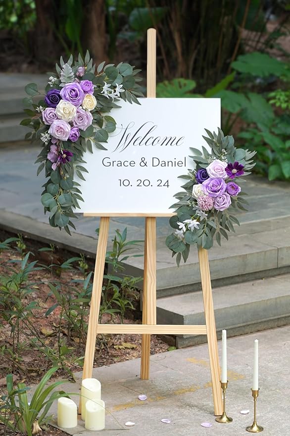 Faux Flower Swag Set of 2 for Wedding Welcome Signs Floral Decorations, Purple Wedding Arch Flowers for Wedding Ceremony (Lilac & Purple & Cream)
