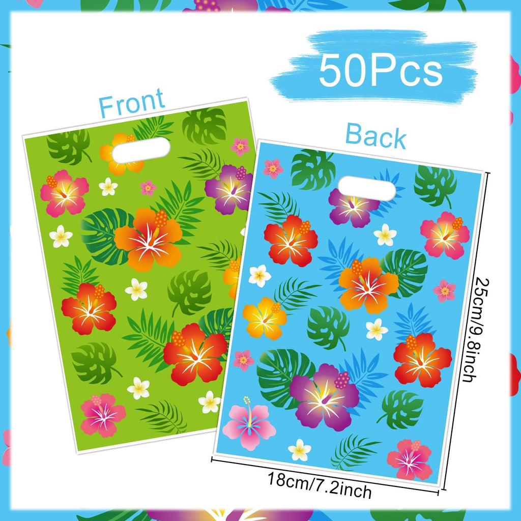Aposwow Hawaiian Luau Party Favor Bags - 50 Pcs Hibiscus Flower Goodie Candy Gifts Bags Tropical Plastic Treat Favor Supplies Summer Moana Decorations For Hawaiian Luau Party