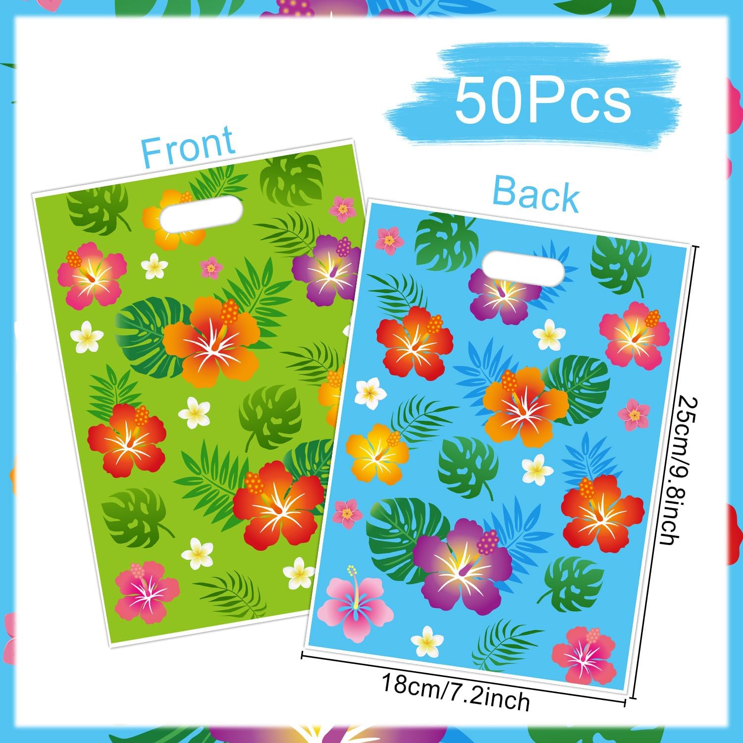 Aposwow Hawaiian Luau Party Favor Bags - 50 Pcs Hibiscus Flower Goodie Candy Gifts Bags Tropical Plastic Treat Favor Supplies Summer Moana Decorations For Hawaiian Luau Party