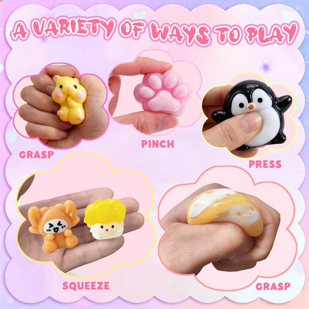 ZiZa 24Pcs Squishy Fun Box Toys Kit Set- Mini Taba Cheap Squishies Fidget Squeezee Toys Pack, Includ Animals, Strawberry, Cat Paw, Penguin, Hamster, Birthday Xmas Gift for Girls Kids