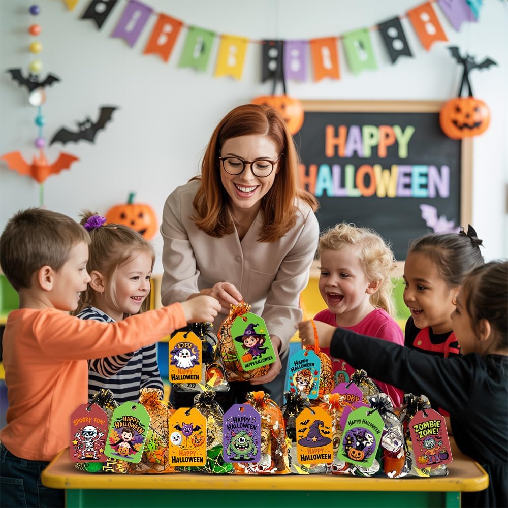 VKTEN 24 Pack Halloween Party Favors for Kids–Prefilled Mesh Treat Bags with Toys, Gift Tags & Twine–Trick or Treat Goodie Bag Fillers, Classroom Prizes & Exchange Gifts