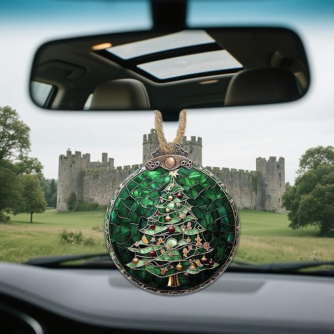 Stained Glass Christmas Decorations, Small Bell Pendant Suncatcher for Window Christmas Tree Hanging Ornaments Retro Green Sun Catcher Xmas Decor Gifts for Women Men Mom Nana Friend