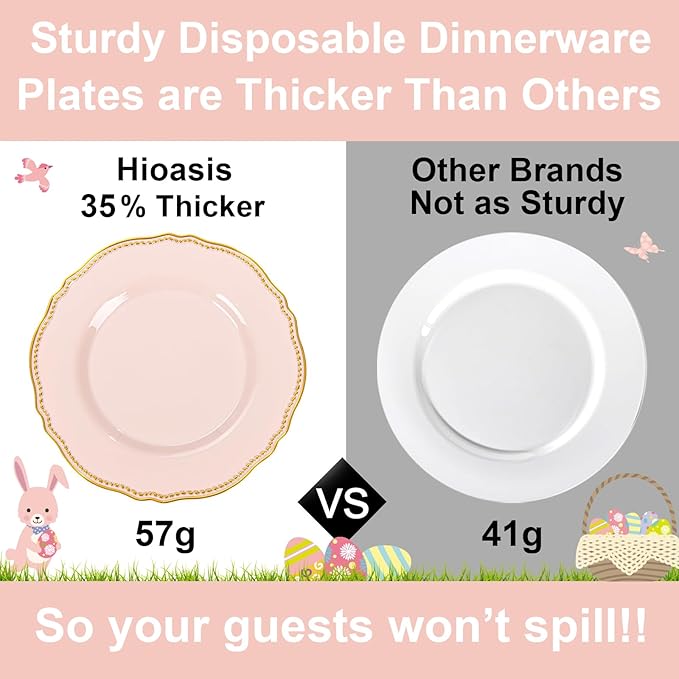 Hioasis 60pcs Pink Plastic Plates - Pink and Gold Disposable Dinnerware with Gold Rim, Heavy-duty, 10.25 inch, Dinner Plates for Party & Wedding