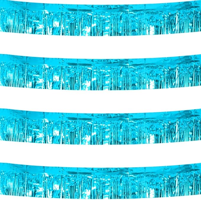 4 Pack Total 40 Feet Foil Fringe Garland Light Blue Metallic Wall Hanging Drapes Tassel Skirting Teal Tinsel Streamers for Parade Float Trailer Mardi Gras Party Birthday Wedding (Turquoise)