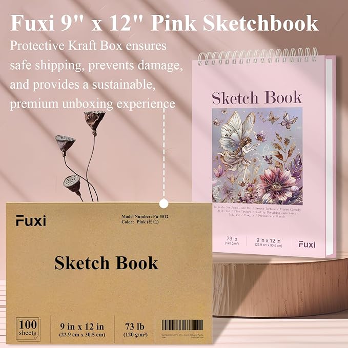 Cute Sketchbook Pink, 9"x12" Sketch Book for Teen Girls, 100 Sheets Girl Sketchbook 73lb/120gsm Drawing Paper for Kids, Art Supplies for Teens 14-16 Girls.