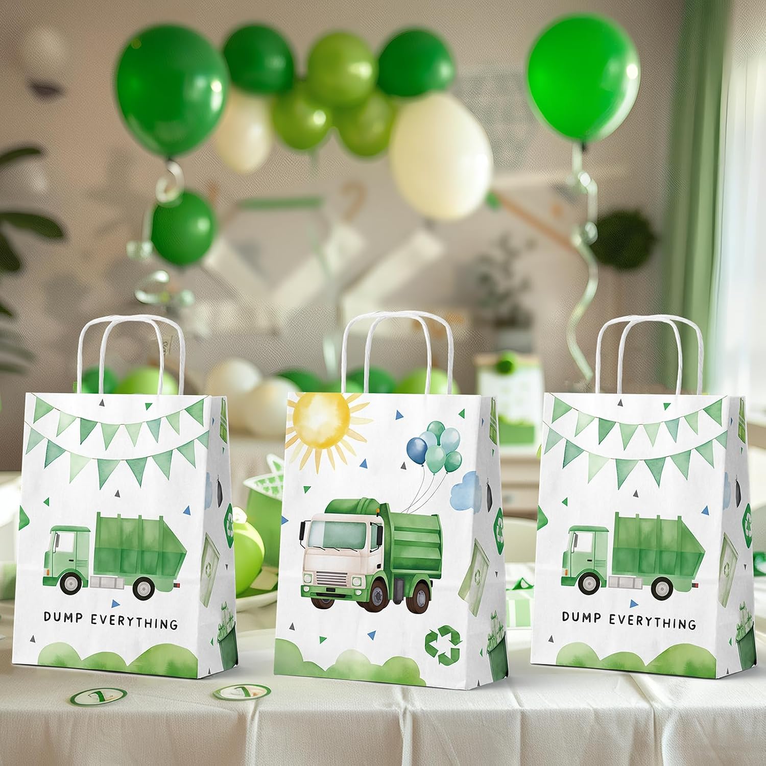 HaPiBiDesign Garbage Truck Party Favor Bags, 24 Pack Garbage Truck Goodie Bags with Handles, Garbage Truck Gift Bags, Garbage Truck Treat Bags for Kids Birthday Party, Garbage Truck Party Supplies