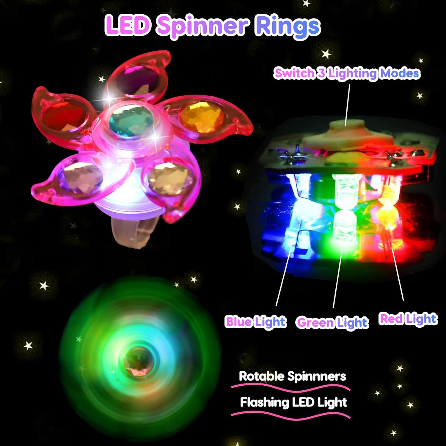 24PCS Light Up Fidget Spinner Rings Glow Party Favors Bulk for Kids 4-8 8-12 Birthday Goodie Treat Bags Stuffers Pinata Fillers Carnival Prizes Classroom Treasure Box Toys Back to School Student Gifts