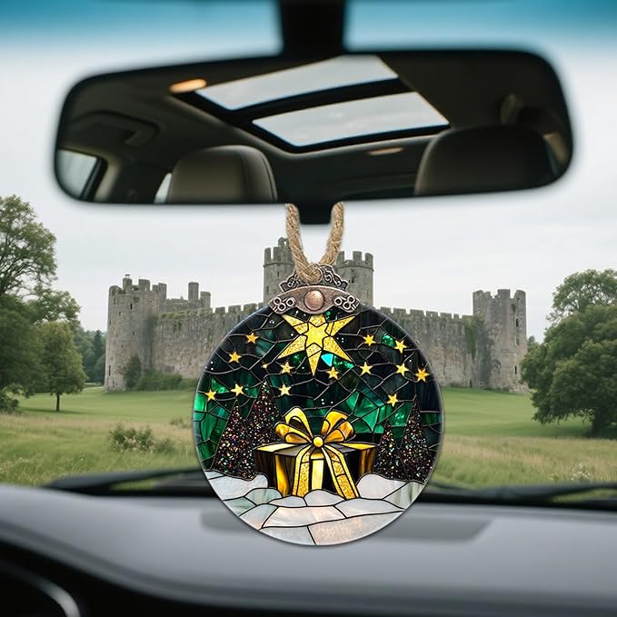 Stained Glass Christmas Decorations, Gold Star Suncatcher for Window Christmas Tree Hanging Ornaments Green Winter Night Scene Sun Catcher Xmas Decor Gifts for Women Men Mom Nana Friend