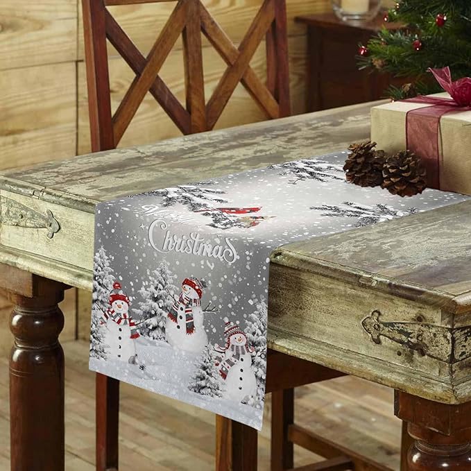 Christmas Snowman Cotton Linen Table Runner for Dining Kitchen, Snowflakes Xmas Pine Tree Wedding Outdoor Party Tablerunner Decoration Winter Bird Dresser Scarf Coffee Tablecloth Runners 13x108 Inches