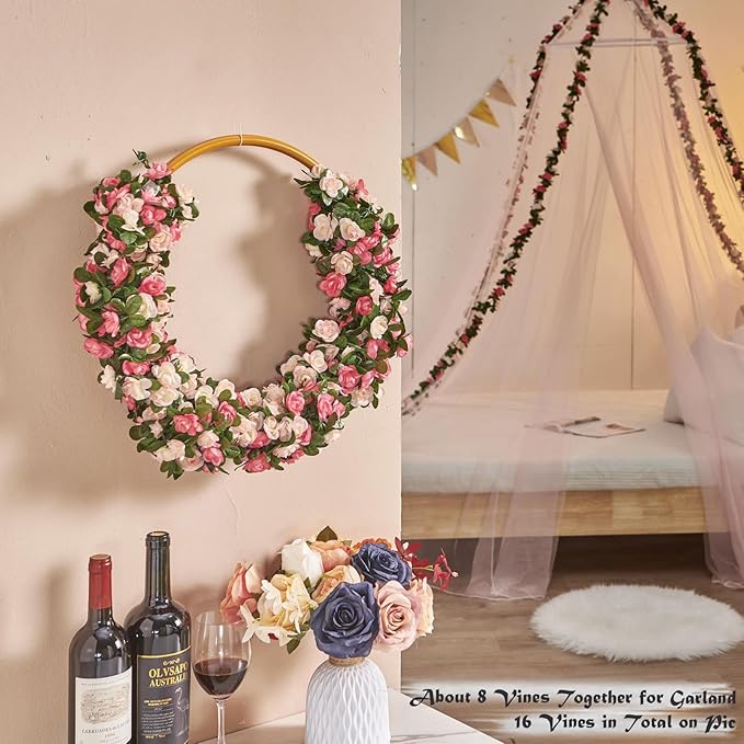 8 Pcs x 8.2 ft Flower Garland Artificial Rose Vine Flowers with Green Leaves Hanging Fake Roses Vine for Room Party Home Wedding Birthday Christmas Wall Arch Decor, Spring Pink Flower