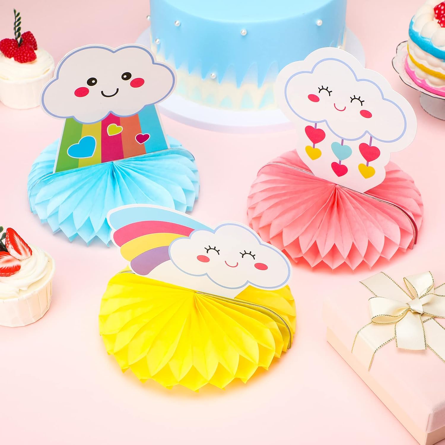 Ireer 9 Pieces Rainbow Party Decorations Honeycomb Rainbow Table Centerpieces Cute 3D Clouds Decorations for Birthday or Themed Party Favor Supplies