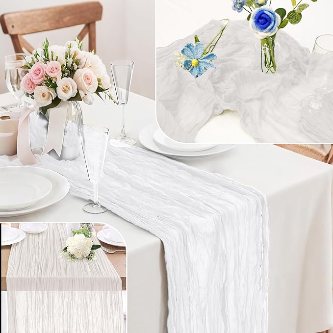 Cheesecloth Table Runner 10FT (35x120 Inch) - 10 Pack White Boho Gauze Fabric Cheese Cloth Table Runner Rustic Sheer Table Runners Cheesecloth for Wedding, Bridal Shower, Birthday Party Decor