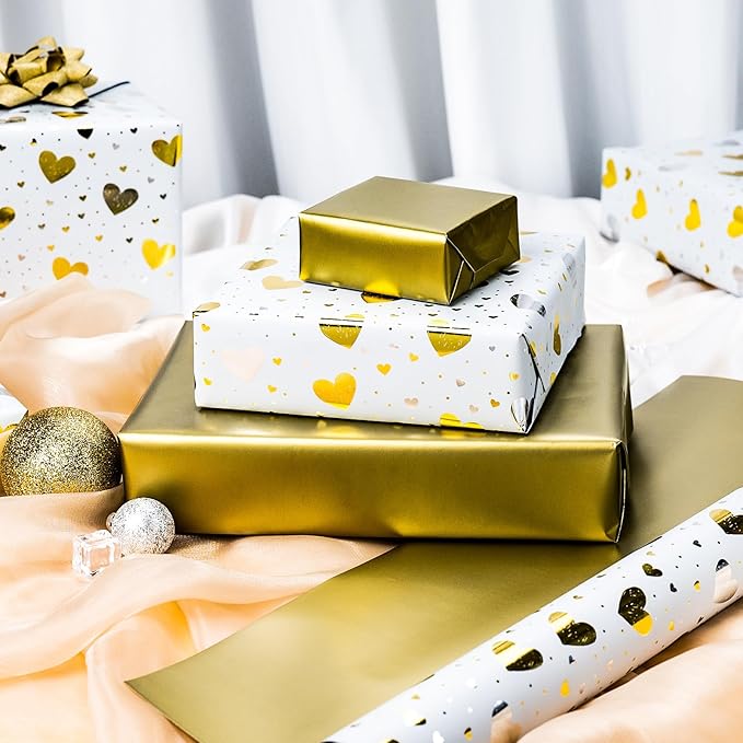 Burymento Gold Foil Heart Wrapping Paper, Reversible Gold Gift Wrap for Birthday, Valentines, Mothers day, Graduation, Wedding, Fathers day, Baby Shower, Christmas (17in x 32.8ft)