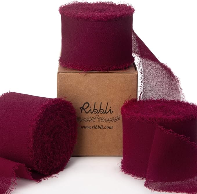 Ribbli Burgundy Chiffon Silk Ribbon, 1.5 inch x 30 Yard, Handmade, Fringe, Wedding Invitations, Gift Wrapping, Bridal Bouquets, Flower Arrangement