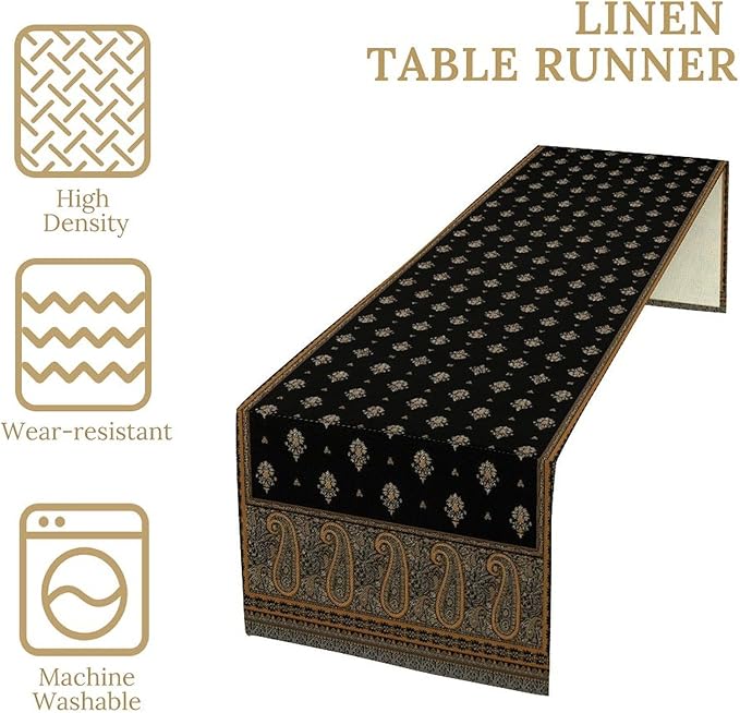 Vintage Paisley Table Runner, Boho Brown Black Flowers Leaves Print Table Runner for Home Dining Kitchen Table Party Wedding Decor, 13x60inch