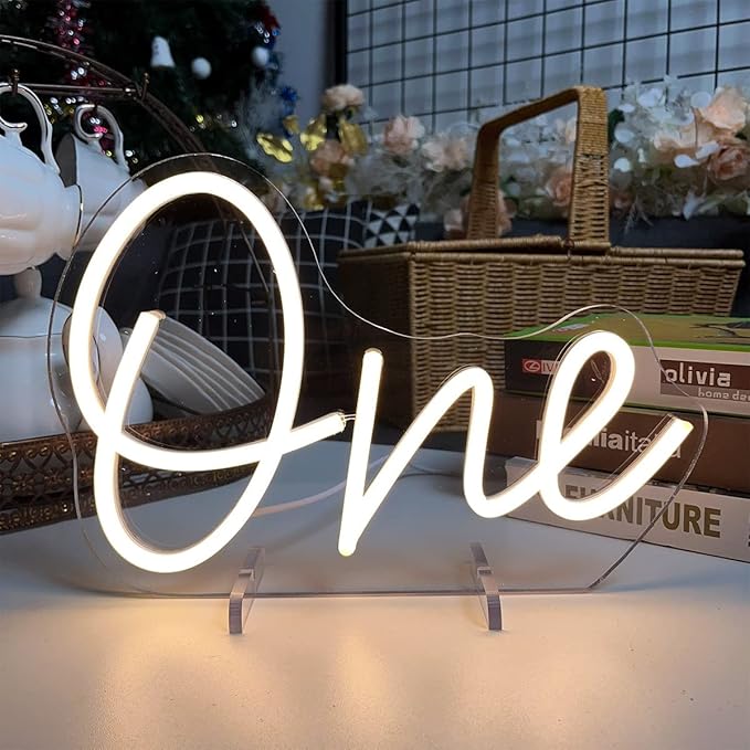 One Year Old Birthday Table Number Neon Sign Desk Lamp Night Light Wedding Letter LED Neon Sign Wedding Table Decorations Neon Light Bedroom Home Room Decor Christmas Party Warm White USB 28.8×19.6CM