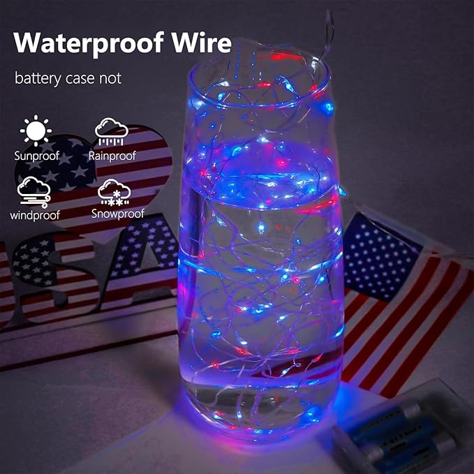 Christmas Fairy Lights Decorations, 4-Pack Red White and Blue Battery Operated Lights with Timer, Waterproof 16FT 50 LED String Light Indoor Outdoor for Xmas Tree Party Home Memorial Day DIY Decor