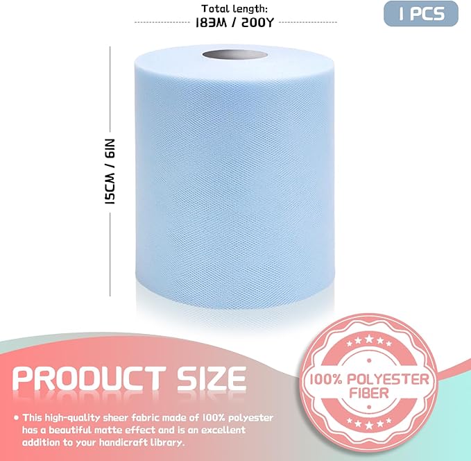 6" x 200 Yards Light Blue Tulle Fabric Rolls, Blue Spool Tulle Ribbon for DIY Tutu Skirt Wedding Decoration Baby Shower Birthday Party Backdrop Gift Wrapping Bow Craft Supplies