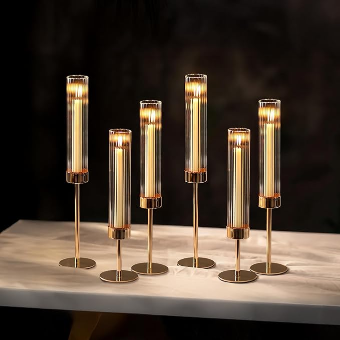 NUPTIO Hurricane Candle Holder for Centerpiece: Set of 6 Tall Candle Stick Holder with Ribbed Glass Cover - Bulk Fluted Taper Candlestick Decor for Living Room Thanksgiving Christmas