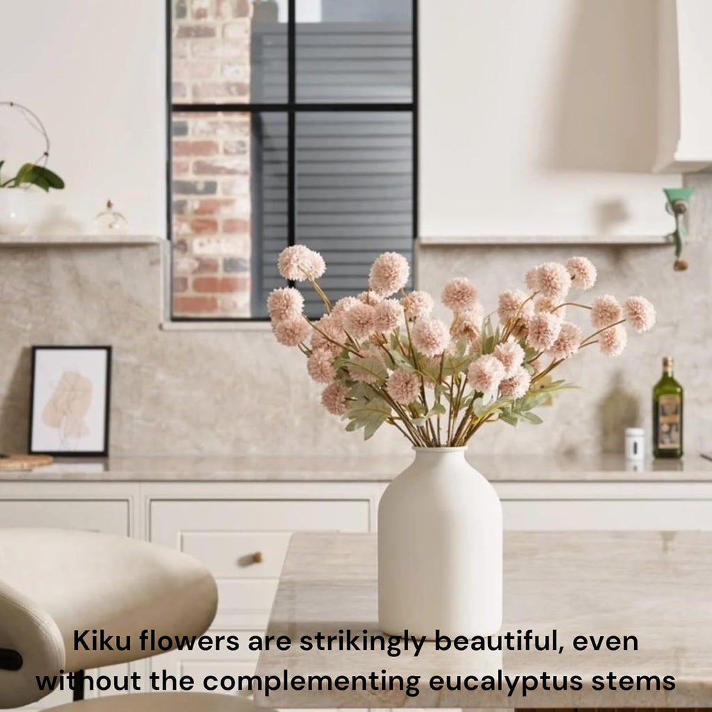 Artificial Flowers for Vase - Beige Silk Mums 10 Long Stems with Eucalyptus, Faux Flowers Home Decor, Neutral Tan Cream Floral Arrangement, Fake Chrysanthemum Pom Pom Stems, Summer Fall Centerpiece