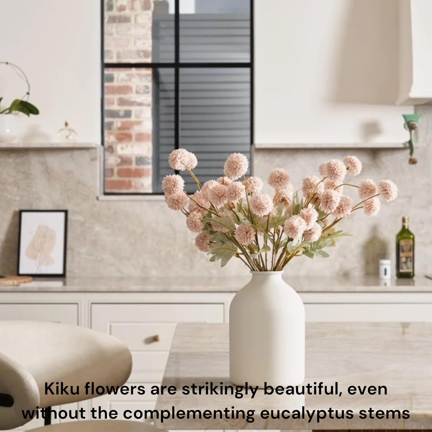 Artificial Flowers for Vase - Beige Silk Mums 10 Long Stems with Eucalyptus, Faux Flowers Home Decor, Neutral Tan Cream Floral Arrangement, Fake Chrysanthemum Pom Pom Stems, Summer Fall Centerpiece