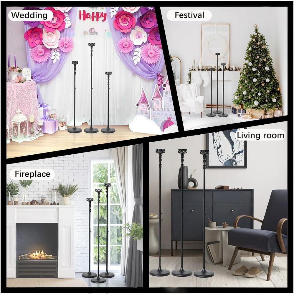 3Pcs Matte Black Floor Candle Holders Centerpieces for Pillar Candles | Adjustable Height,Halloween Metal Candlestick Set,Wedding Party Home Ceremony Mantel Fireplace Decorations