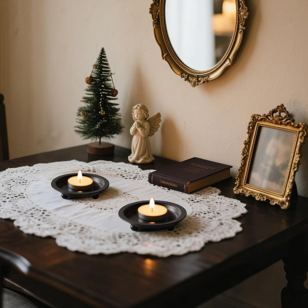 Black Candle Candlestick Holder Decor, 4.13 Inch Round Candles Tray Holders Set of 2, Iron Plate Candle Stand for Pillar Ball Candles, Metal Porta Velas for Home Decor Table Centerpiece