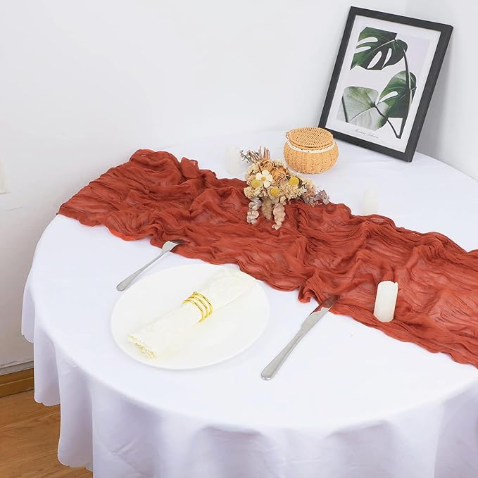 Snowkingdom 6PCS 13Ft Terracotta Cheesecloth Table Runner Bulk, 160inch Long Rust Cheese Cloth Boho Gauze Runner for Wedding Bridal Shower Rustic Sheer Fall Thanksgiving Table Decorations