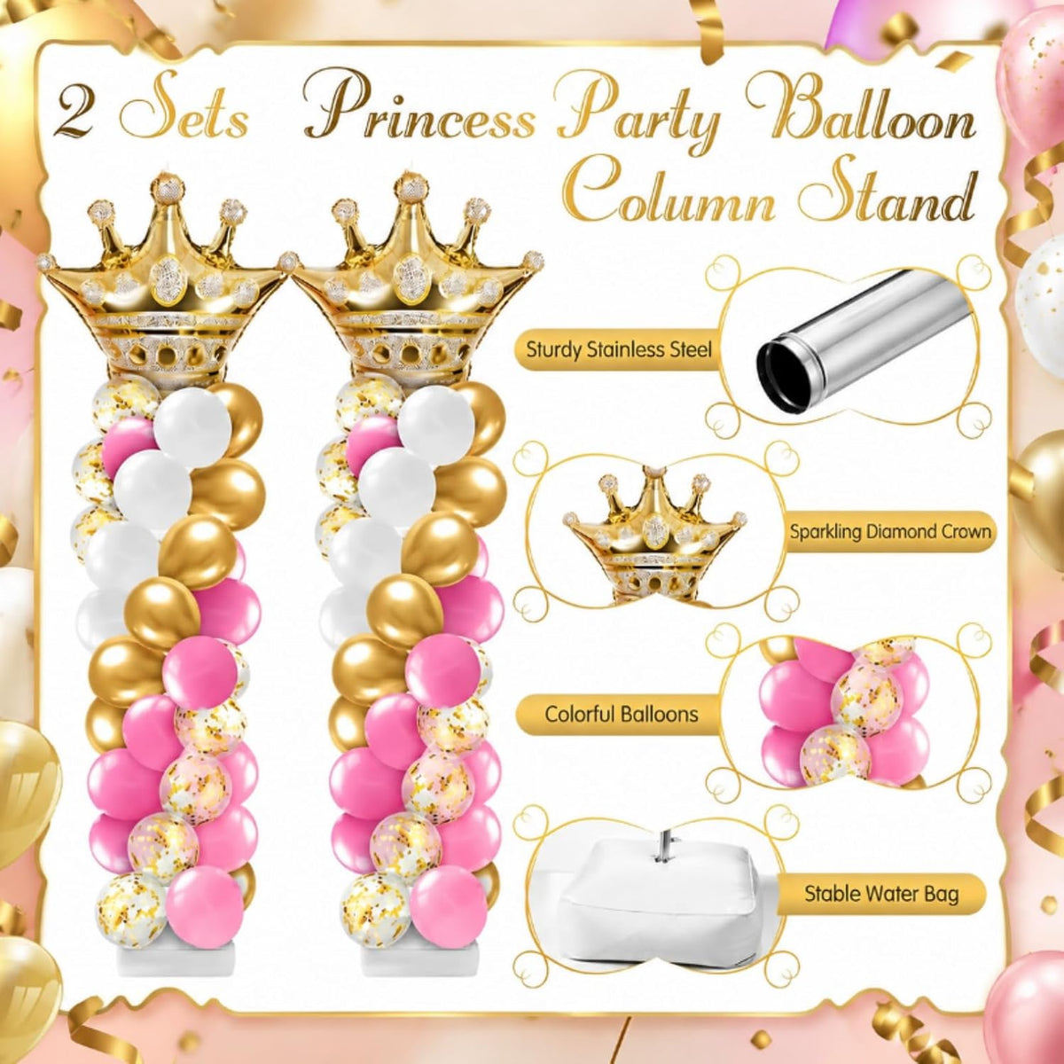 kasyat 2 sets princess party balloon column stand, side view