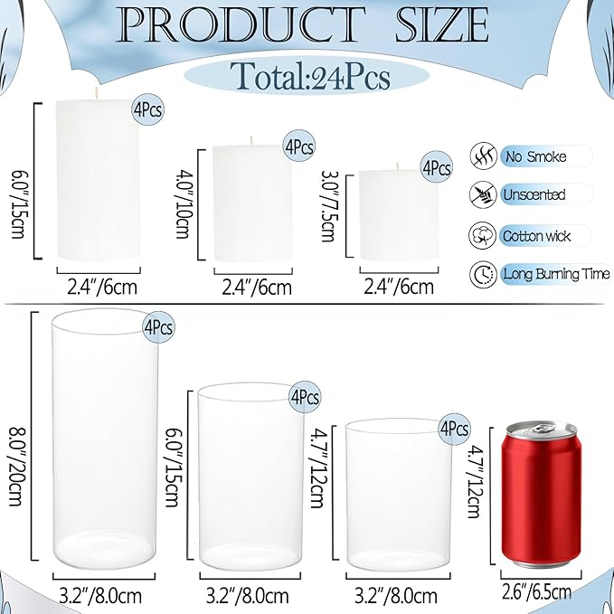 UDU 24 Pcs White Pillar Candles and Glass Cylinder Vases, Hurricane Pillar Candle Holder Vases for Wedding Centerpieces Table Party Home Decor(3.2" X 4.7", 6", 8")
