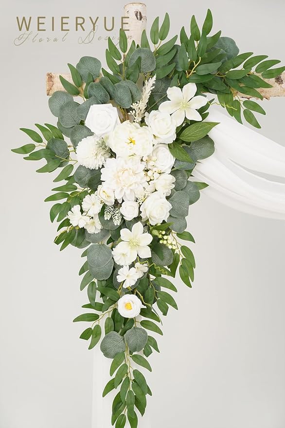 Artificial Wedding Arch Flowers Kit(Pack of 3),2Pcs Artificial Flower Arch Decor,1Pcs Sheer Drape for Wedding Ceremony Arbor for WeddingCeremony (Fairy White)