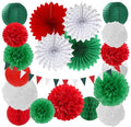 Red Green-White Christmas Party Decorations - 20pcs Mexican Italian Paper Lanterns Fans,Tissue Pom Poms,Honeycomb Balls,Bunting,Birthday Mexico Italy Baby Shower Wedding Decor Burgleda