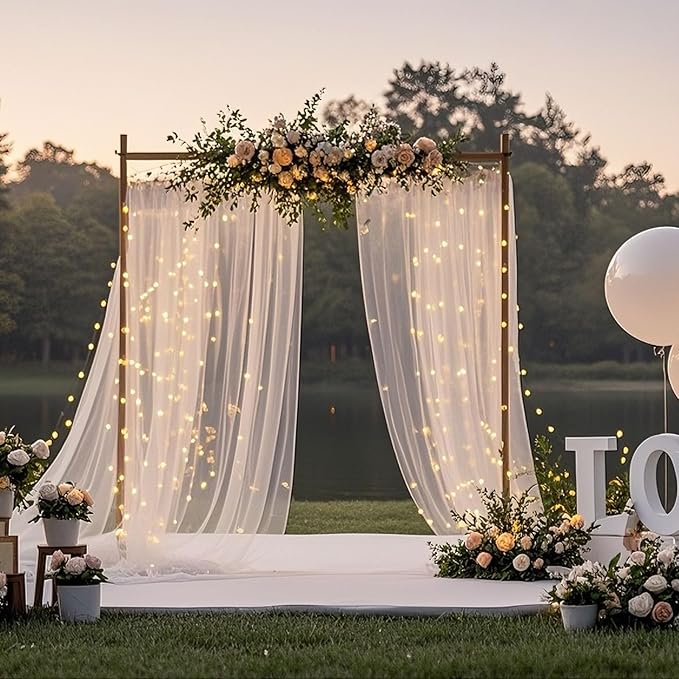 10×8ft Tulle Backdrop Curtains with Lights String - 300LED Fairy Lights Sheer Curtain Backdrop for Weddings Baby Shower and Birthday Party Decorations(2 Panels 5×8ft)