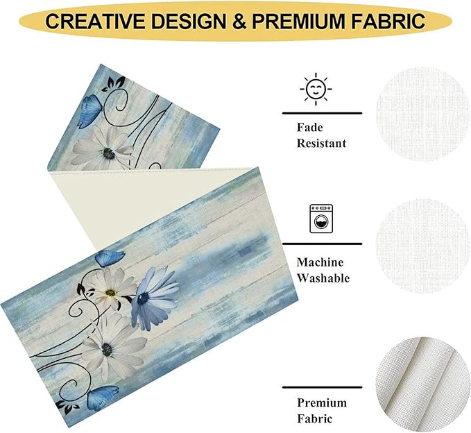Farmhouse Floral Table Runner, Spring Seasonal Daisy Flower Retro Wooden Country Table Center Decor for Home Kitchen Dining Patio Holiday Party Indoor Outdoor Table Decorations, 13"x108" Inch