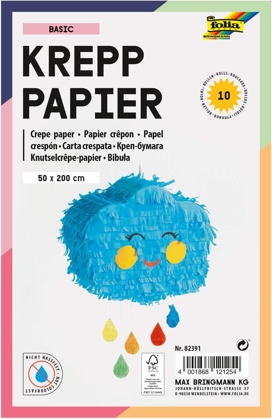 Folia Crepe Paper Assortment Basic 10 Rolls in, Each Roll 50 x 200 cm, Very Elastic and Thin Paper, Uneven and Rough Surface