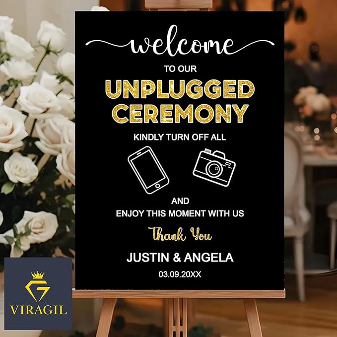 Unplugged Ceremony Sign with Icons – Fun & Bold Wedding Yard Sign – No Phones or Cameras – Modern Welcome Sign for Outdoor Weddings