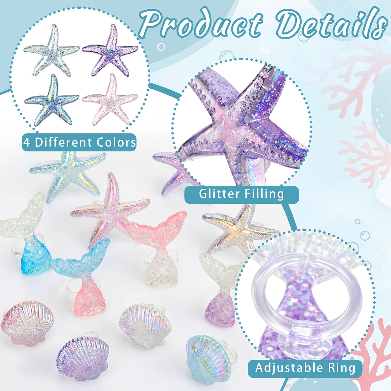 Kenning 48 Pcs Resin Mermaid Theme Cupcake Ring Toppers Seashell Mermaid Tail Starfish Cupcake Topper for Ocean Theme Birthday Party Cake Decorations Baby Shower Weeding Anniversary Sea Party Supplies