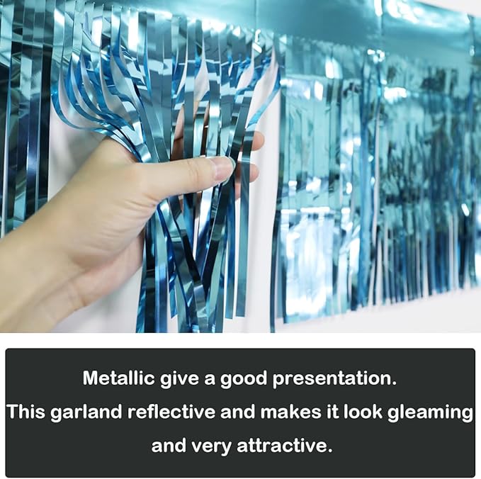 4 Pack Total 40 Feet Foil Fringe Garland Light Blue Metallic Wall Hanging Drapes Tassel Skirting Teal Tinsel Streamers for Parade Float Trailer Mardi Gras Party Birthday Wedding (Turquoise)