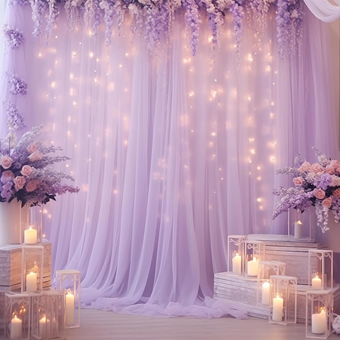 10ft x 10ft Lavender Chiffon Backdrop Curtain with Lights String for Parites Wedding Wrinkle Free Curtain Photo Backdrops Drapes for Baby Shower Birthday Party Home Decorations